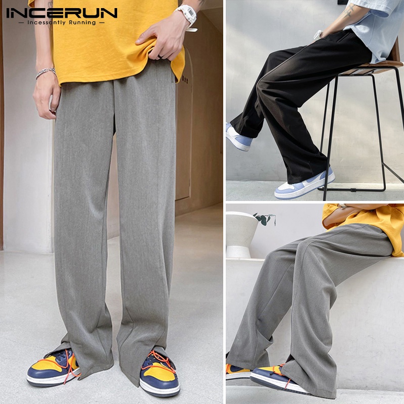 Quần INCERUN ống rộng thẳng lưng co giãn màu trơn thời trang cho nam