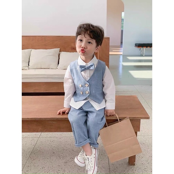 Set áo sơ mi dài tay kèm quần và áo ghile cho bé trai🐶Set vest cho bé