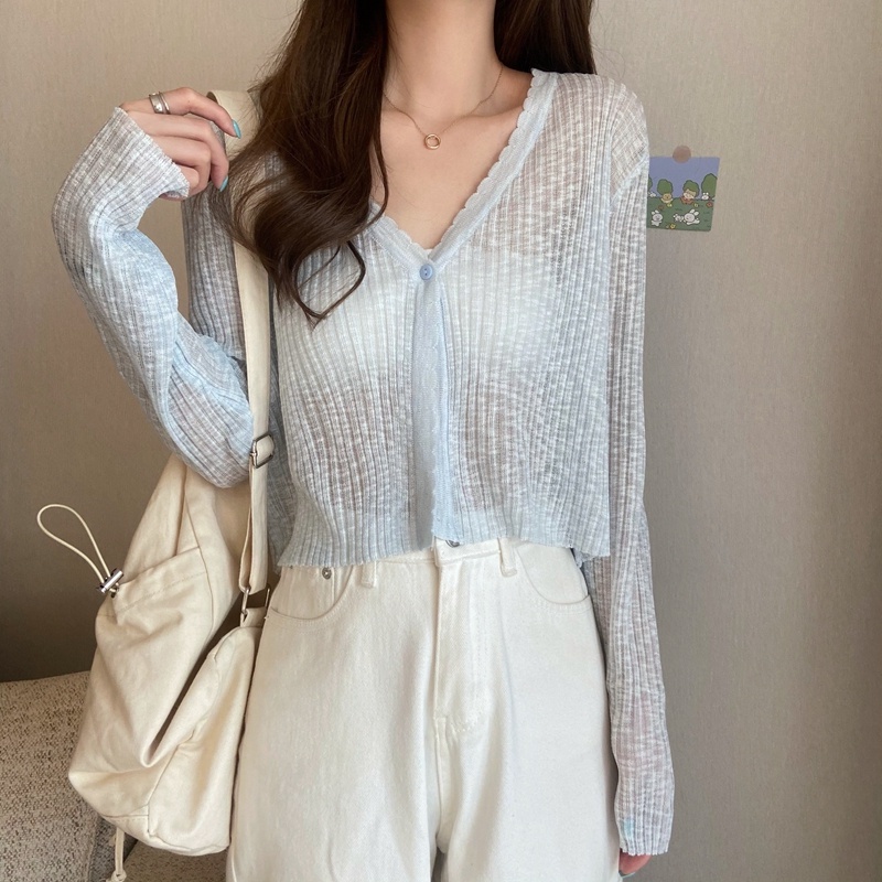 【ZHELIHANGFEI】Áo Khoác Cardigan Dệt Kim Tay Dài Cổ Chữ V Chống Nắng Lưng Cao Phong Cách Quyến Rũ
