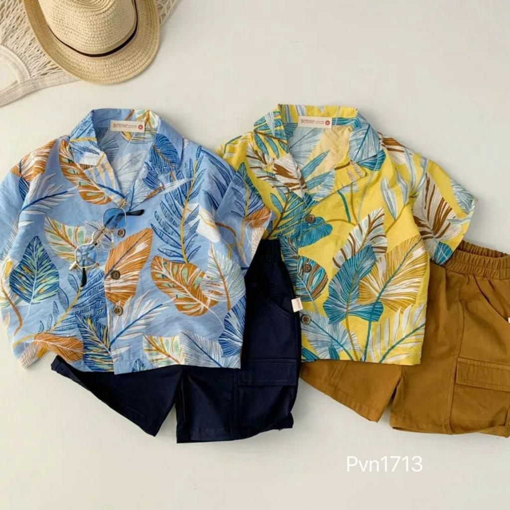 Quần áo bé trai, set bộ áo đũi lá phối short kaki 2 da xịn xò cho bé 8-26kg