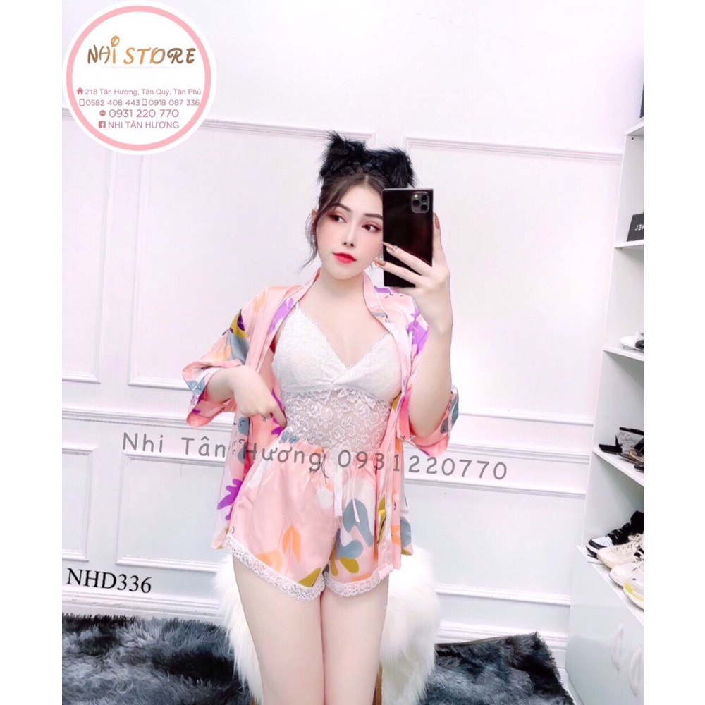 [FREESHIP 50K] Set Bộ Kiểu Nhistore Áo Khoác Dạng Kimono Quần Ngắn Kèm Áo Bra Ren 2 Dây Freesize Dưới 57kg