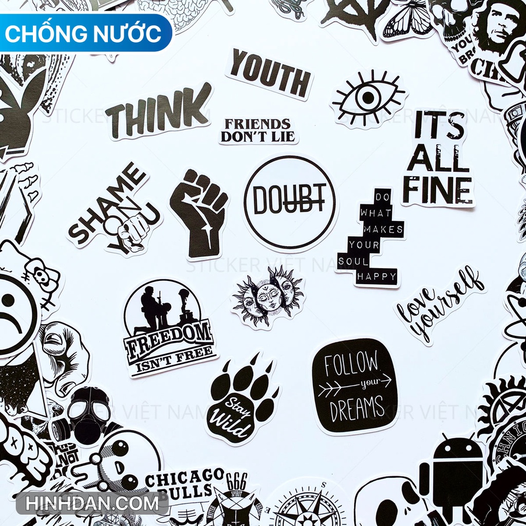 Sticker TRẮNG ĐEN - Black White ngầu Chống Nước Trang Trí Va Li, Xe, Laptop, Nón Bảo Hiểm, đàn guitar