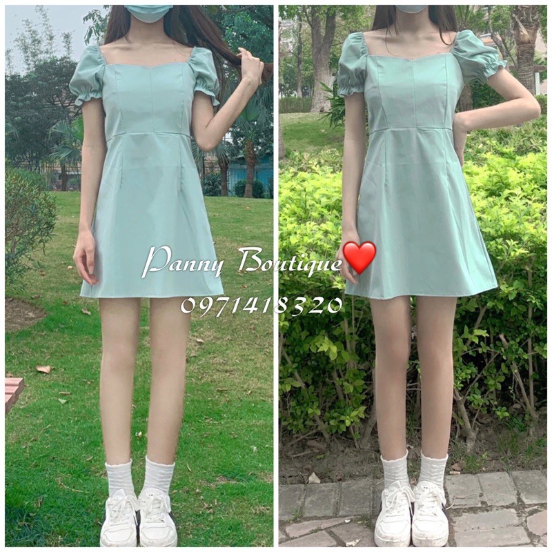 Đầm cổ vuông tay chun xanh mint , style ulzzang Hàn Quốc 🌻 Panny Boutique 🌻