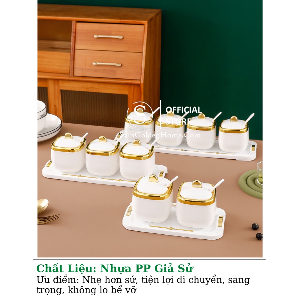 Bộ Hủ Đựng Gia Vị 3 Màu Phong Cách Bắc Âu Mạ Vàng Kèm Khay Sứ Để Bàn Sang Trọng
