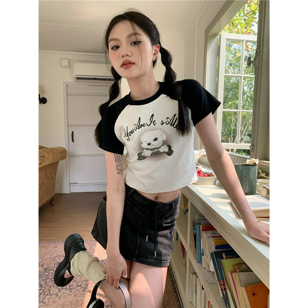 Ethelgirl Áo Thun Croptop Tay Ngắn Dáng Ôm In Họa Tiết Hoạt Hình Phong Cách Mỹ Cổ Điển Thời Trang Cho Nữ