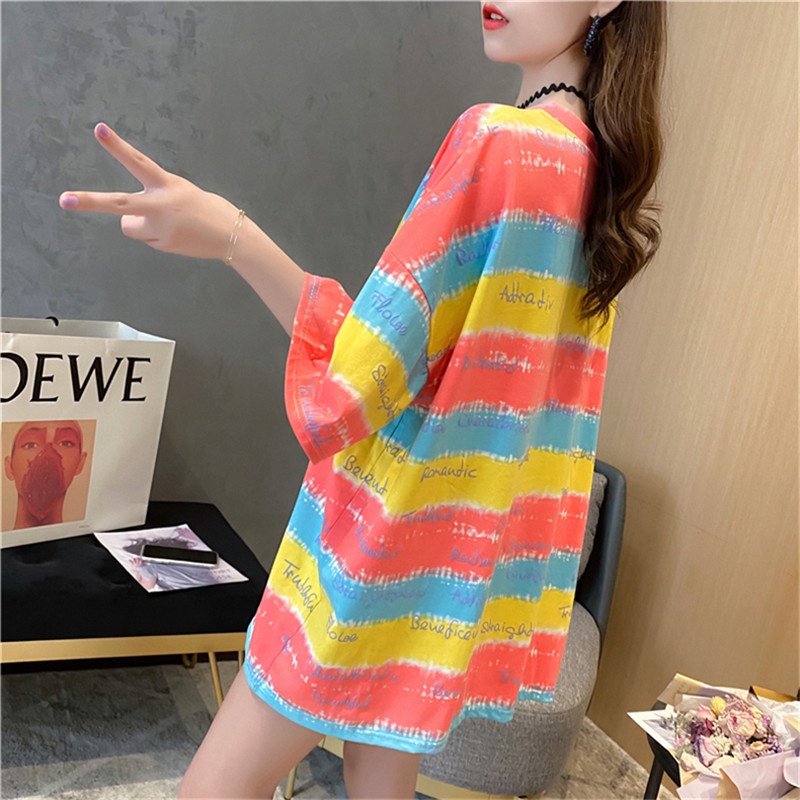 Áo thun nữ ulizzang form rộng tay lỡ cổ tròn, Áo thun nữ phối màu kẻ ngang cực xinh A02