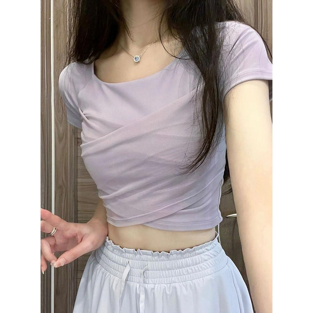 QOEDDV Áo Croptop Cổ Vuông Tay Ngắn Dáng Ôm Màu Tím Thời Trang Mùa Hè Dành Cho Bạn Nữ