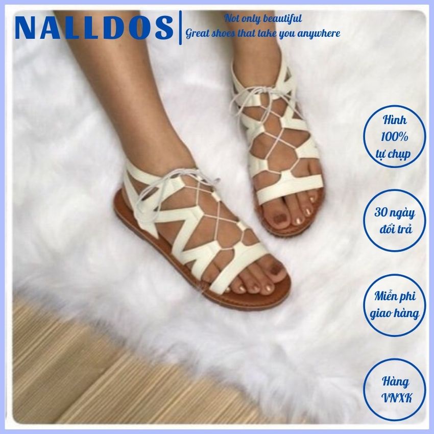 Sandal chiến binh dây mảnh sành điệu NALLDOS quai da mềm đế thấp TPR chống trượt 3 màu thời trang (Đen, Trắng và Bò)