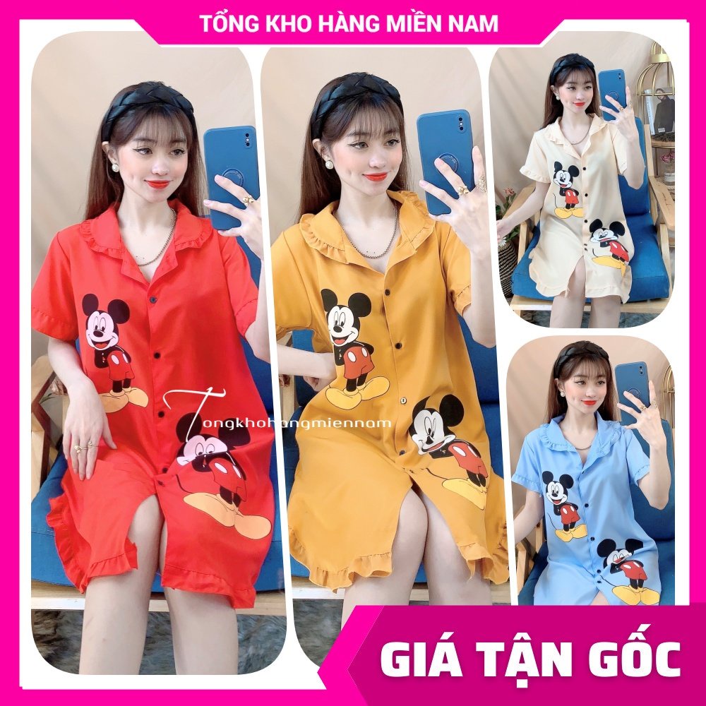 Đầm suông phom rộng cho nữ mặc nhà chất kate mềm mịn in hình chuột Mickey in hoạt hình dễ thương D861