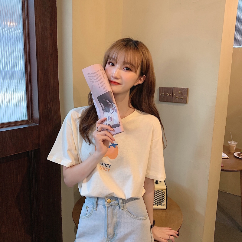 Áo Thun Hàn Quốc Tay Ngắn Dáng Rộng In Hình Quả Cam Cho Nữ