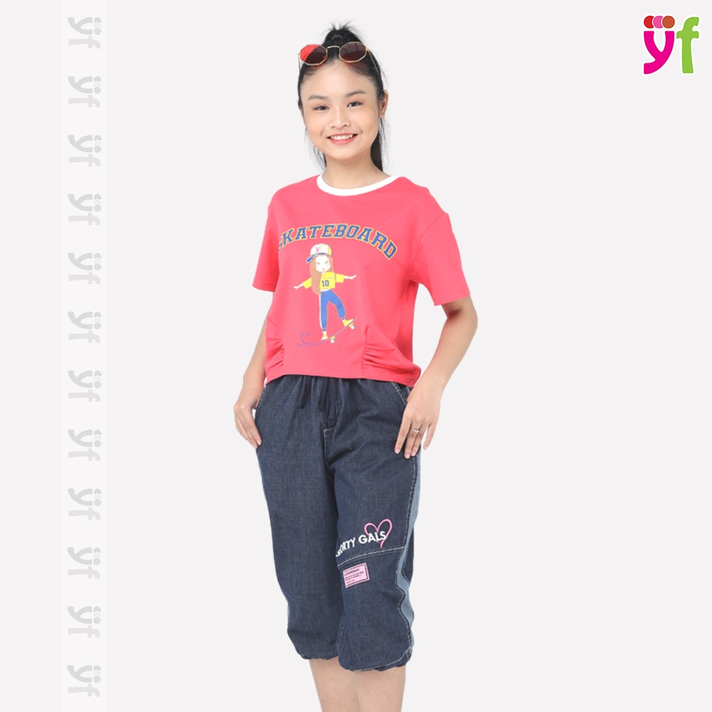 Set Áo thun croptop cho bé gái Finally màu hồng mix quần jean jogger TAX024-2 Hiệu YF