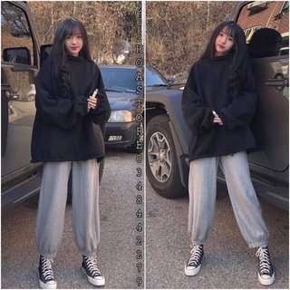 Bộ Nỉ Bông Đen Xám Ngoại Nữ ❤️ Set áo nỉ bông sweater đen dây rút tay phồng + quần jogger xám trơn basic Hàn Quốc