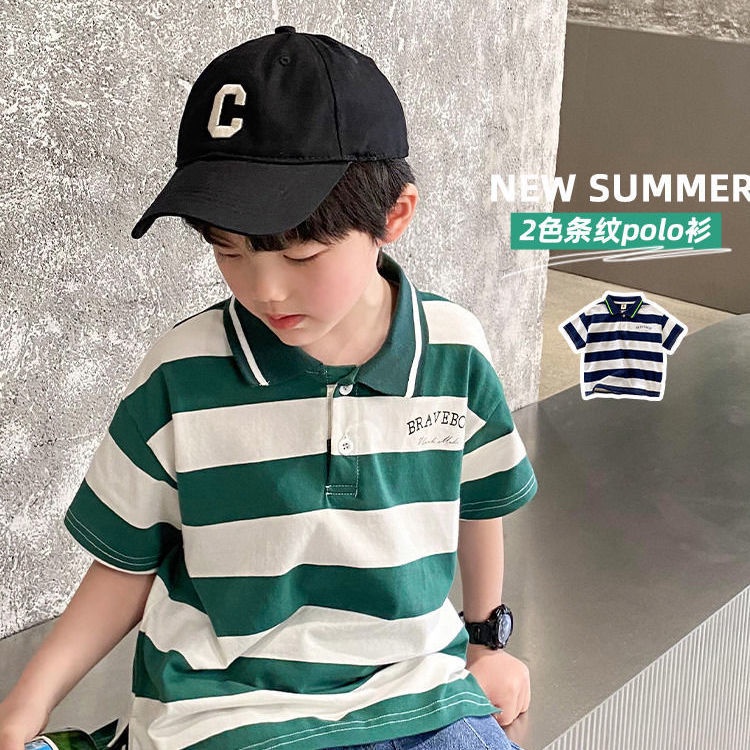 Áo Thun Polo 100% Cotton Tay Ngắn Dáng Rộng Kẻ Sọc Dành Cho Bé Trai