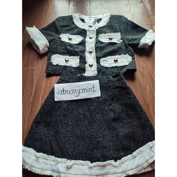 VIDEO ẢNH THẬT Set Áo Dạ Tweed Chân Váy Viền Đen Trắng