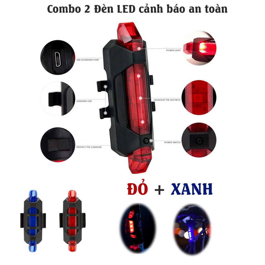 Com Bo 2 Đèn LED Cảnh báo sau Xe Đạp giúp đạp xe an toàn ban đêm 4 chế độ sáng (Đèn Xanh và Đèn Đỏ) - den led xe dap