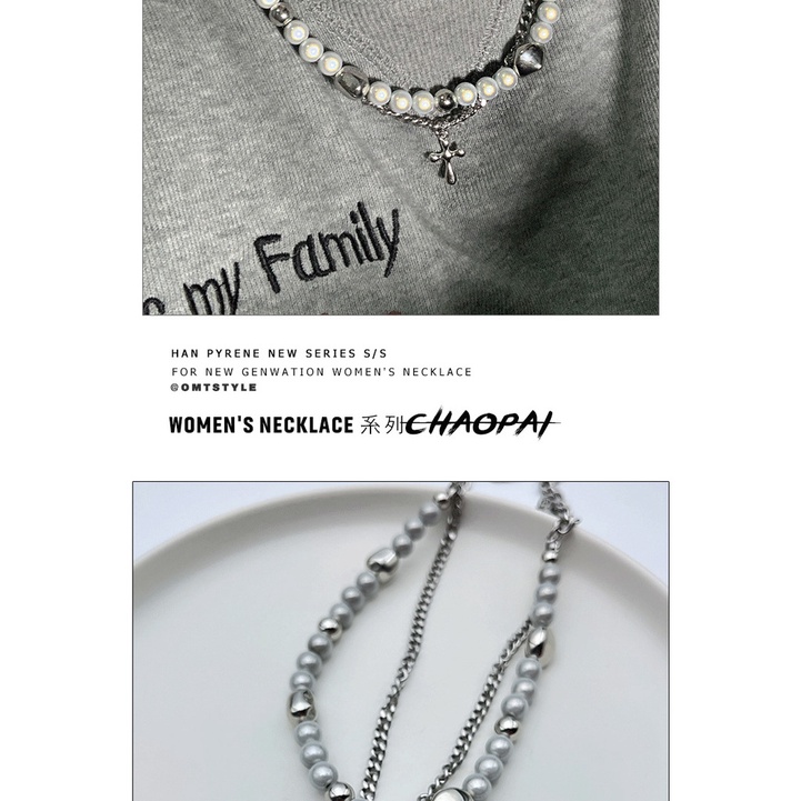 Vòng cổ Hai Lớp Bằng Thép Không Gỉ Phối Ngọc Trai Và Thánh Giá Phản Quang Phong Cách Hip Hop Cho Nữ