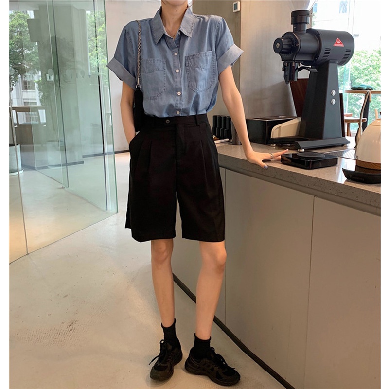 IELGY Áo sơ mi denim tay ngắn thiết kế mỏng thời trang mùa hè dành cho nữ