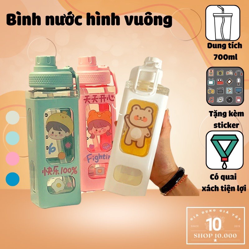 BÌNH NHỰA ĐỰNG NƯỚC HÌNH VUÔNG TẶNG STICKER CHÌM 700 ML CÓ DÂY TREO ĐỦ MÀU