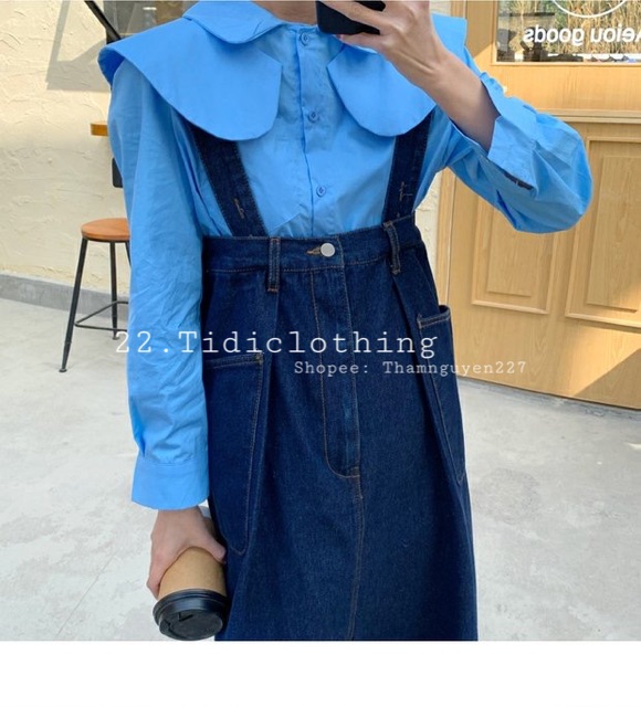 Quần yếm jeans ống rộng xanh đậm bo eo big size 5xl 4xl 3xl 2xl / yếm hai dây bò ống rộng dài ORDER taobao có bigsize