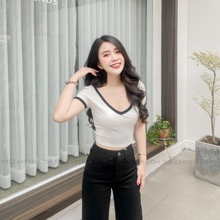 ÁO THUN CROPTOP CÓ VIỀN CỔ TIM ZAREEN THU52 - TRẮNG