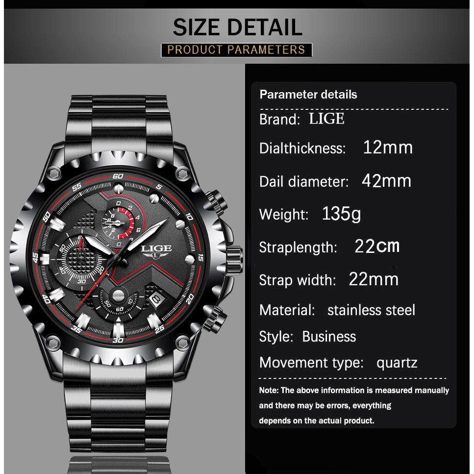 LIGE 9821 Men's Fashion Stainless Steel Waterproof Quartz Sports Watch