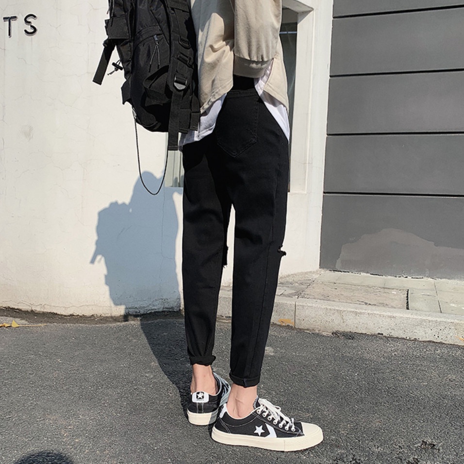[HOTTREND 202][J04] Quần Jean Nam Rách Gối Màu Đen Vải Co Giãn, Không Phai Màu Dáng Skinny Phong Cách Hàn Quốc | BigBuy360 - bigbuy360.vn