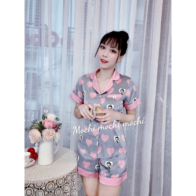 Bộ mặc nhà nữ tim hồng, bộ pijama lụa satin cao cấp, hàng thiết kế quần lửng, quần đùi có size nhiều màu A42