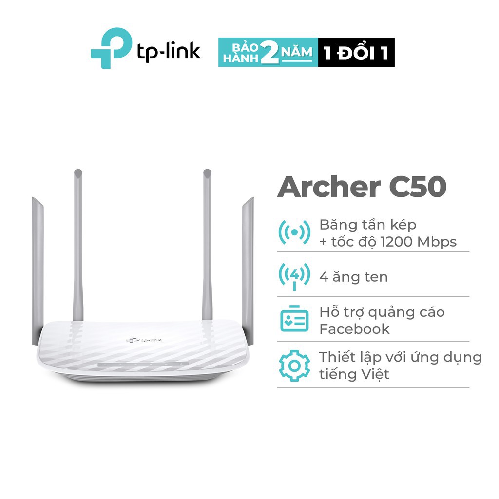 TP-Link AC 1200Mbps - Bộ phát wifi không dây (Thiết bị mạng) - Archer C50 - Hàng Chính Hãng Chính Hãng 100%, Bh 24 Tháng