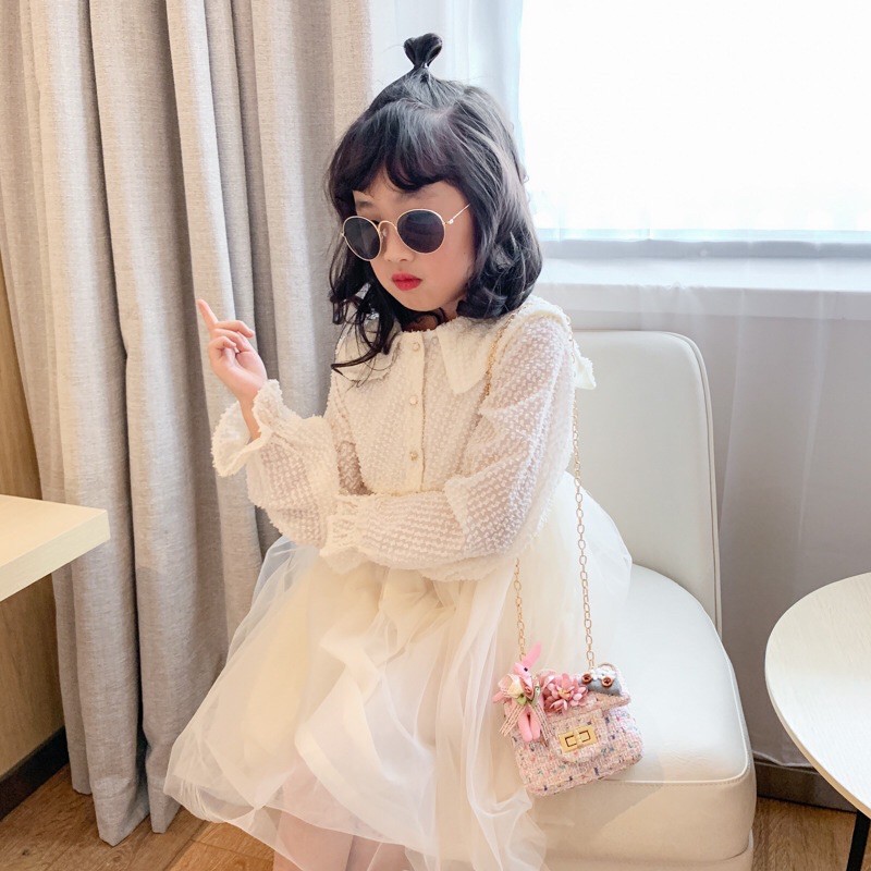 Túi xách dạ đính hoa nơ thời trang cao cấp cho bé