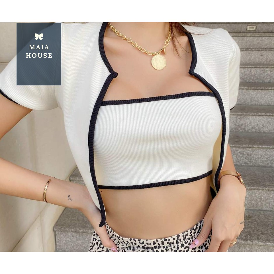 Hình thật và video tự quay. Set croptop áo ống kèm khoát ngoài tinh tế, sexy. chất thun gân dày dặn