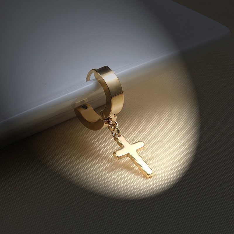 Bông Tai Hình Thánh Giá Bằng Thép Không Gỉ Phong Cách Hip Hop