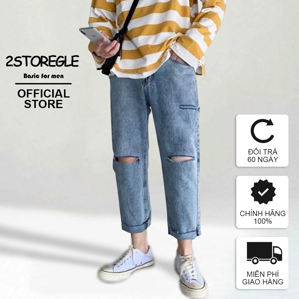 Quần Baggy Nam Jeans Xanh Rách Gối Phom Suông Ống Rộng Dáng Đứng 2STOREGLE Phong Cách Hàn Quốc Trẻ Trung Năng Động