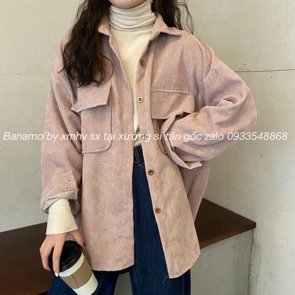 Áo sơ mi áo khoác nhung tăm dáng rộng màu hồng kem đen nâu phong cách ulzzang thời trang Banamo Fashion 351 | BigBuy360 - bigbuy360.vn