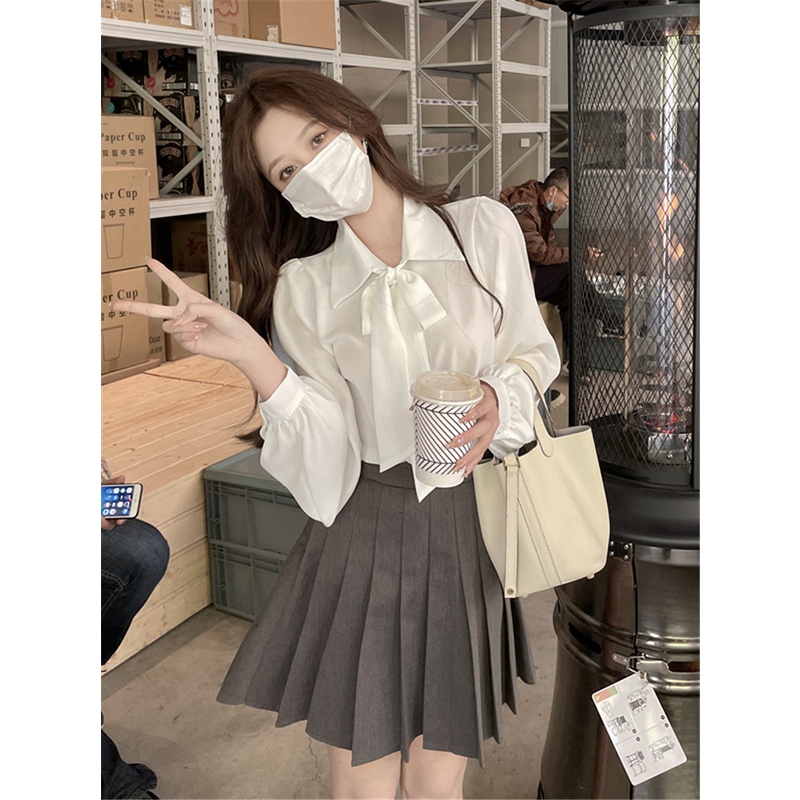 Áo sơ mi tay dài cổ bẻ thắt nơ dáng rộng màu trắng phong cách Hàn Quốc mùa thu thời trang mới dành cho nữ