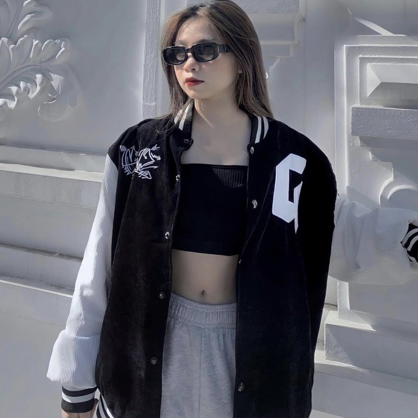 Áo Khoác Bomber Nhung Chữ G CHANREEN [FREESHIP] Phối màu tay, form rộng, nam nữ unisex Style Ulzzang dáng rộng