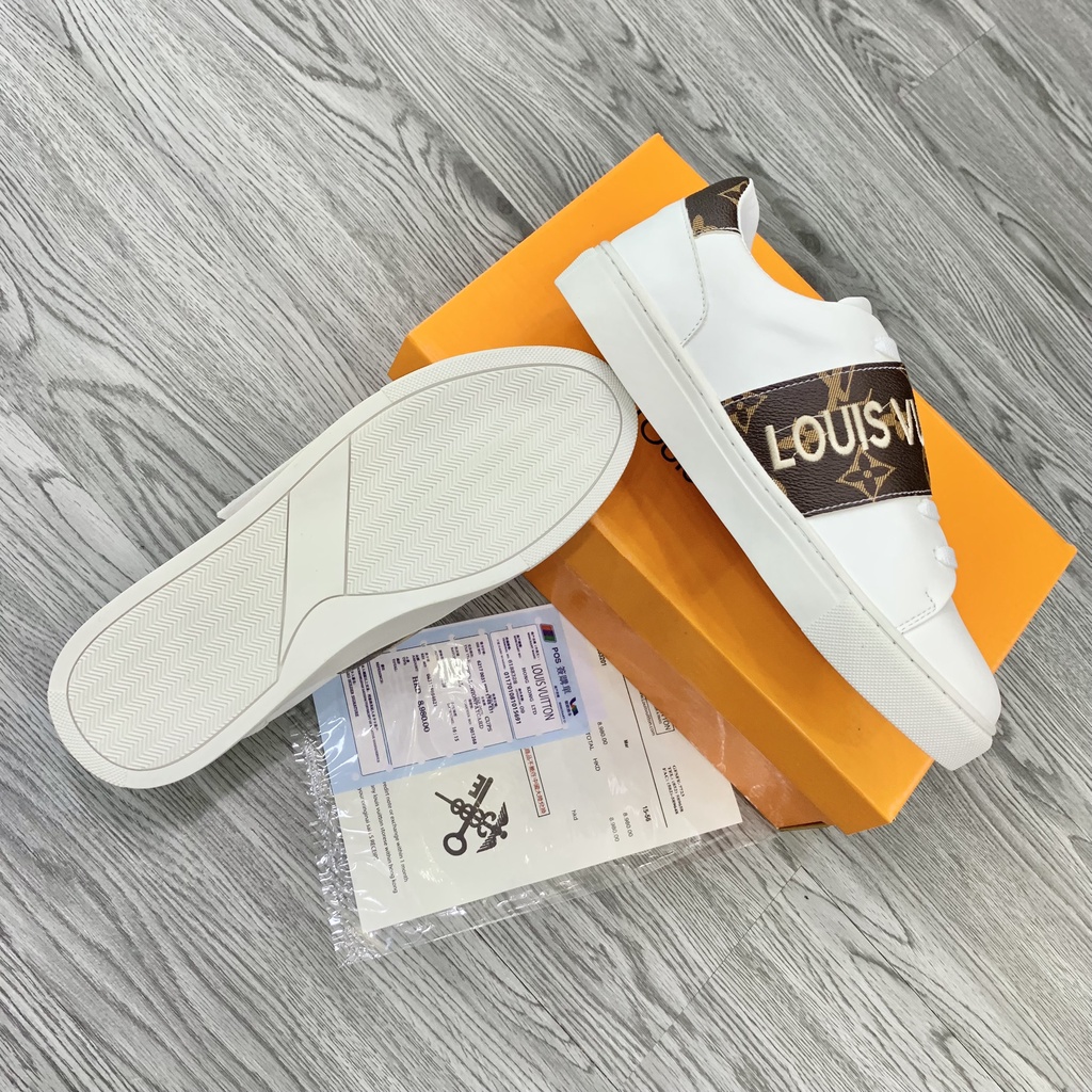 Giày Thể Thao Sneaker Nam Nữ Phối Quai Da Vân Hoa Nâu Dệt Chữ GS21P