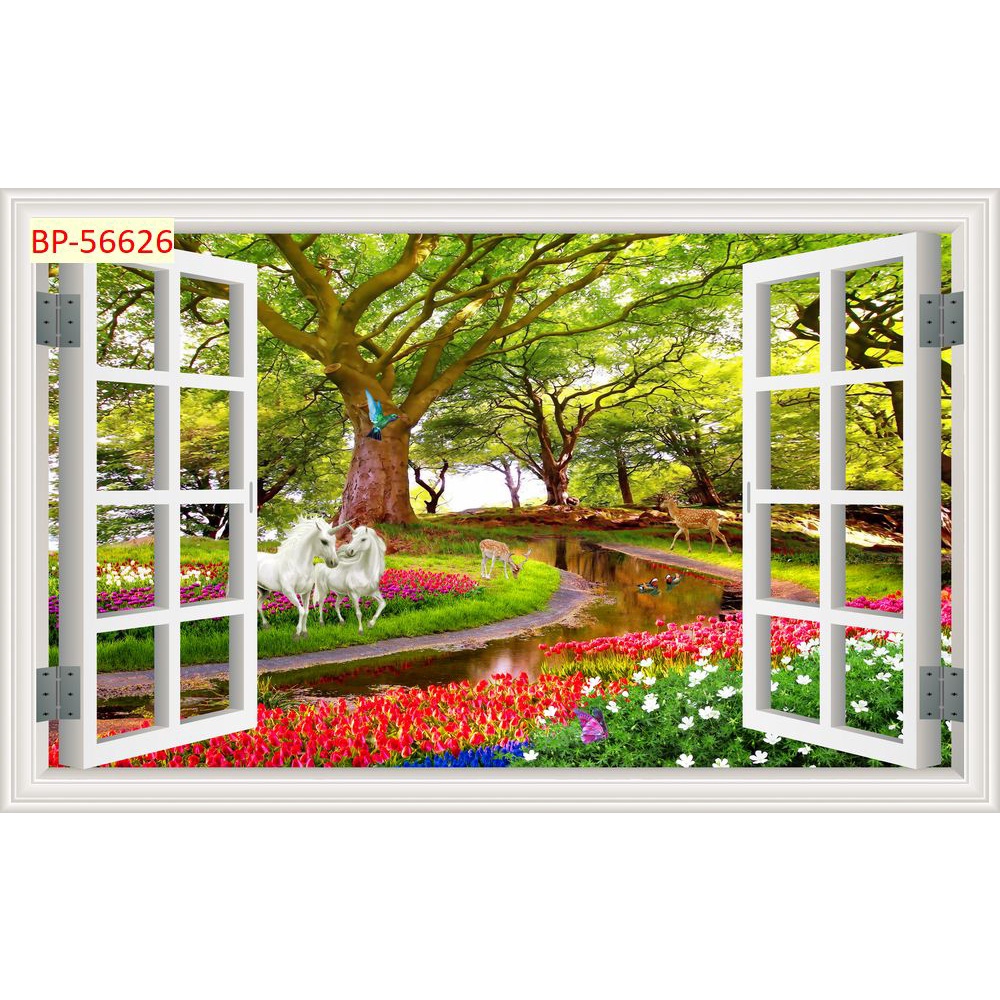 Tranh dán tường cửa sổ phong cảnh tưới mới