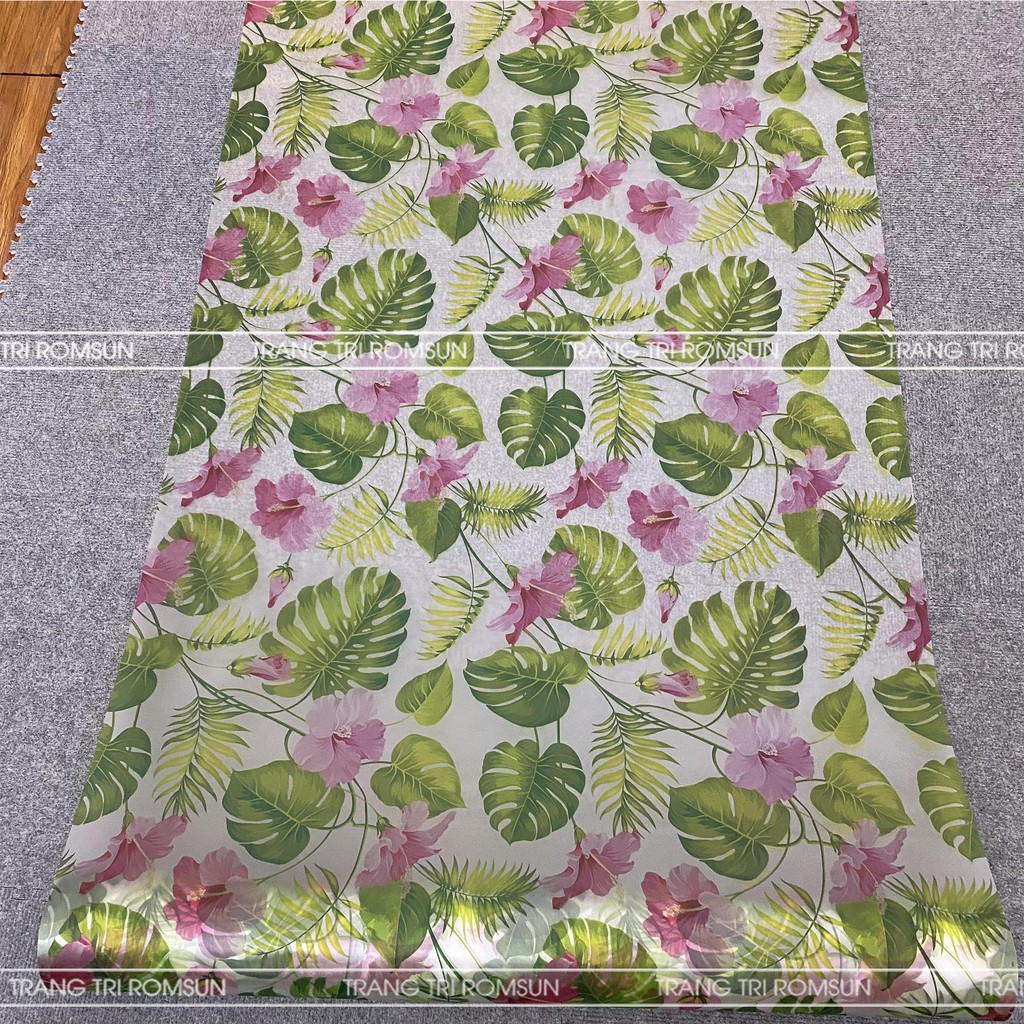 Decal dán kính phòng khách mờ chống thấm nước khổ 90cm lá xanh hoa hồng