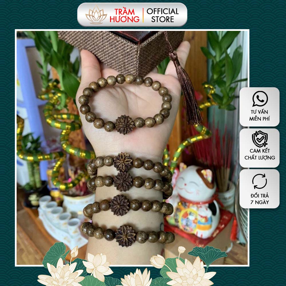 Vòng Tay Trầm Hương Mix Charm Hoa Sen - Trầm Hương Tốc Vườn Tự Nhiên, Phong Thủy, Hương Thơm Dịu Nhẹ VTTH5