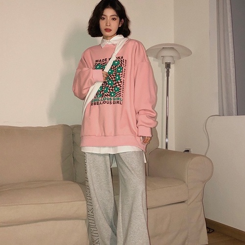 Áo thun nỉ ZHELIHANGFEI tay dài dáng rộng in hoa phối họa tiết thời trang dễ phối đồ