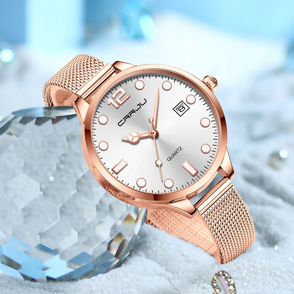 Đồng hồ Quartz CRRJU 2187M không thấm nước dây đeo kiểu lưới màu vàng hồng thời trang cho nữ