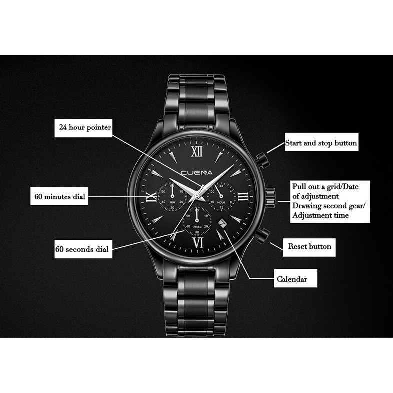 Đồng hồ nam dây thép đặc 6 kim Cuena 6802