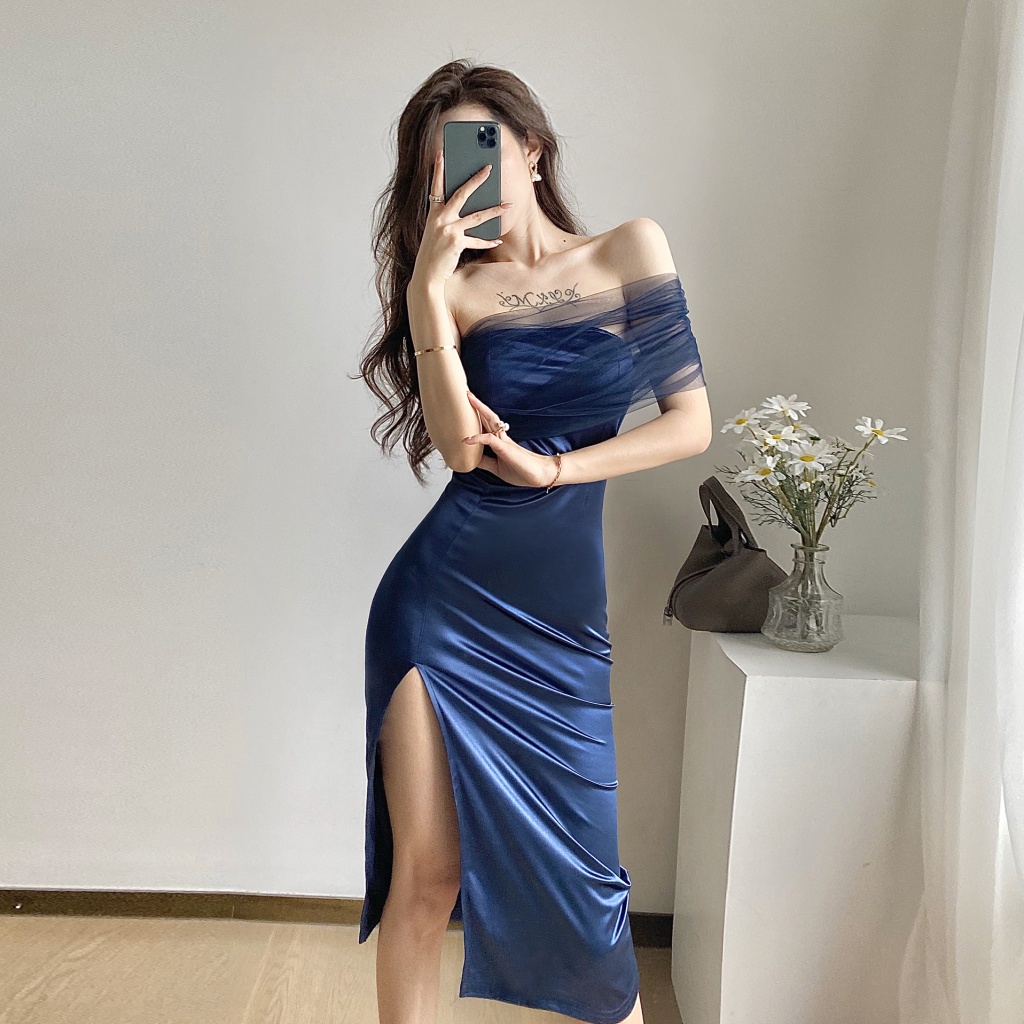 Đầm dự tiệc một bên vai phối lưới dáng ôm xẻ tà thời trang mùa hè