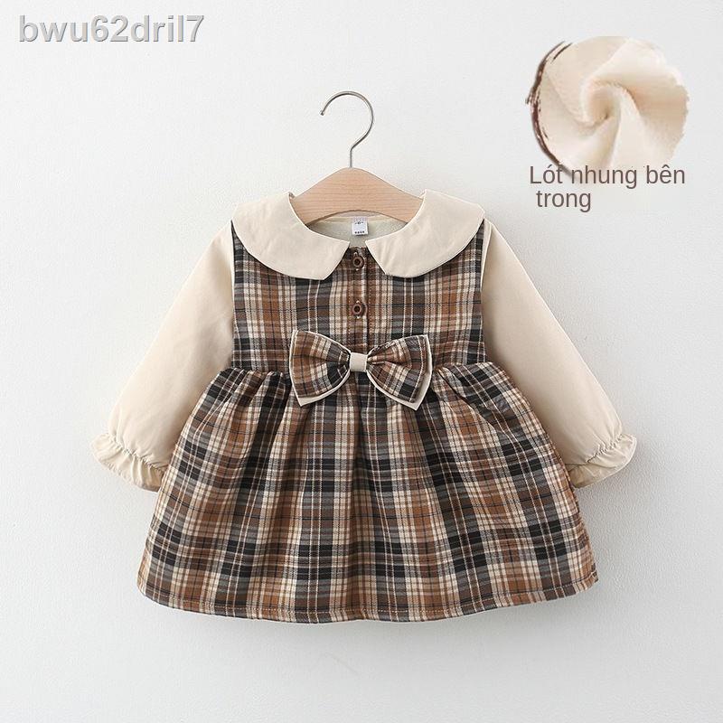 ❇☎Váy đầm mùa thu / đông cho bé gái 1 tuổi 3 kèm thêm nhung lót công chúa kẻ sọc phương tây phong cách