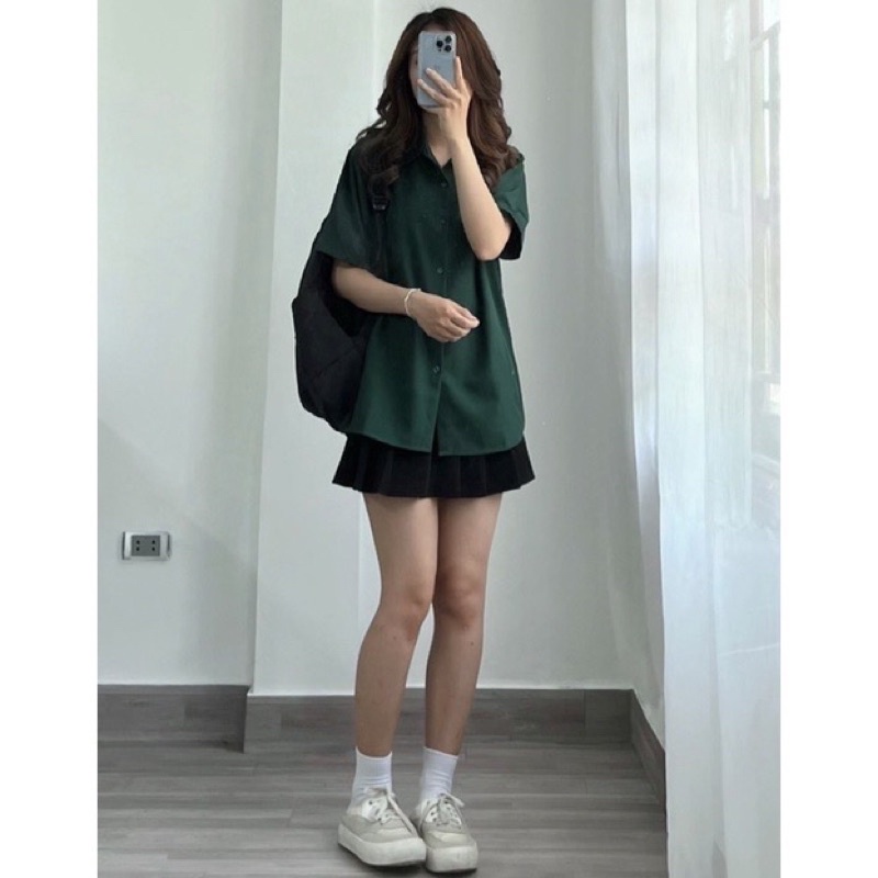 Áo sơmi trơn tay lỡ unisex VẢI KAKI màu XANH LÁ có túi Nam nữ unisex  Áo Sơ Mi Basic form rộng style Ulzzang