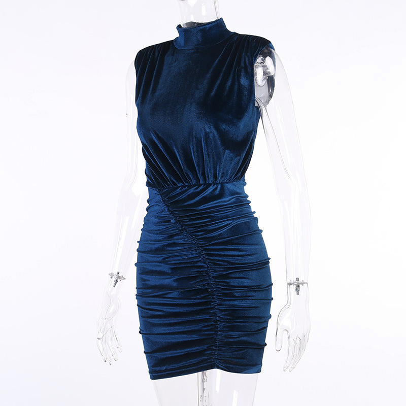 Sexy Women Slim Velvet Plain High Neck Pleated Sleeveless Fashion Party Dress