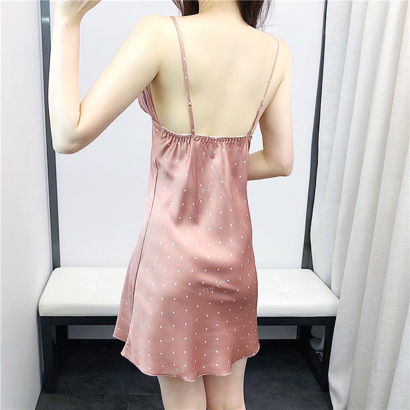 Váy Ngủ Nữ Hai Dây chấm bi nhỏ phối ren ngực kèm họa tiết nơ nhỏ gợi cảm quyến rũ sexy mã V02