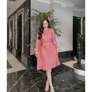 Đầm suông nữ cổ tròn, bo tay thắt nơ đuôi cá chất liệu nhung mềm mịn