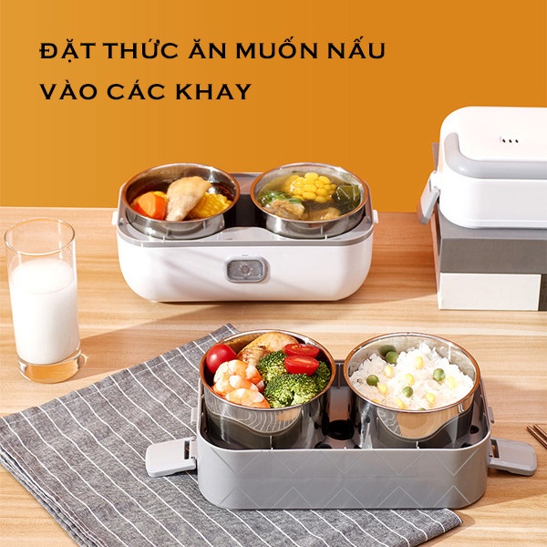 Hộp cơm cắm điện văn phòng 2 tầng 4 bát inox có chức năng giữ nhiệt, hâm nóng và tự nấu chín dễ mang theo