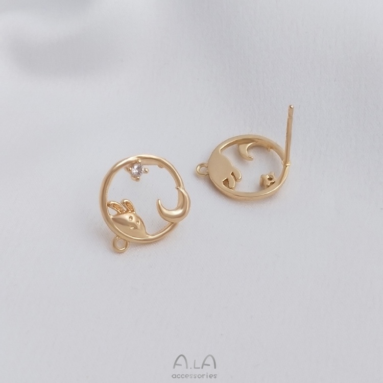 Bông Tai Mạ Vàng 14K Đính Đá Zircon Hình Thỏ / Mặt Trăng Nhiều Màu Sắc diy